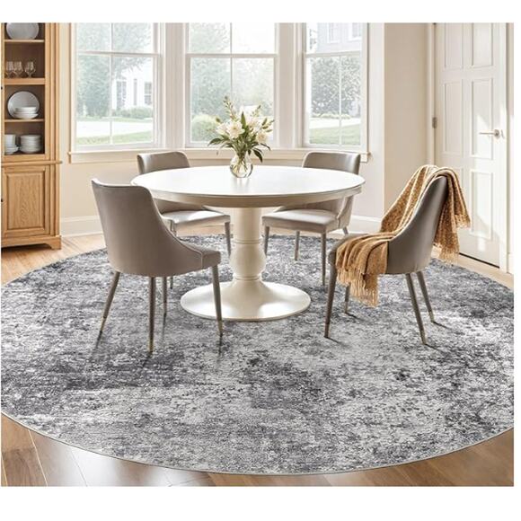 5 ft Round Area Rug Washable Low Pile Gray - Picture 4 of 8